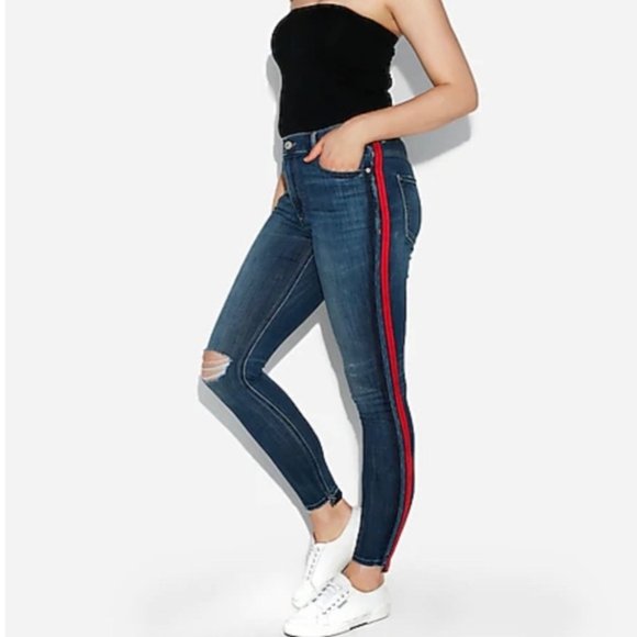 Express High Waist Red Stripe Stretch Distressed Jeans 8 - Picture 1 of 15
